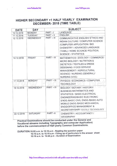 12th Half Yearly Exam Time Table Announced Padasalainet No1
