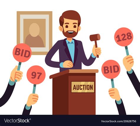 Auction With Man Holding Gavel And People Raised Vector Image