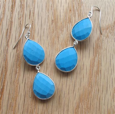 Silver Turquoise Large Dangle Earring Blue Turquoise Tear Earring Raw
