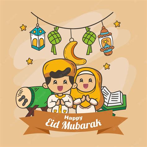 Premium Vector Happy Eid Mubarak With Two Muslim Kids Drum Al Quran