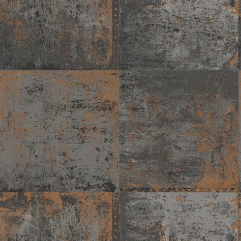 Black And Copper Distressed Metal Panel Wallpaper
