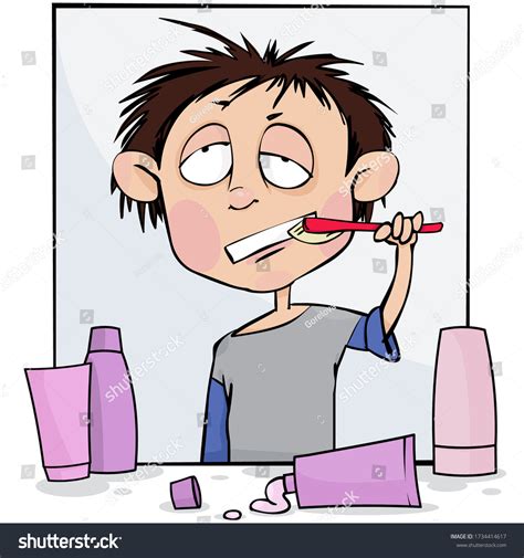 Sleepy Boy Brushes His Teethvector Illustration Stock Vector Royalty