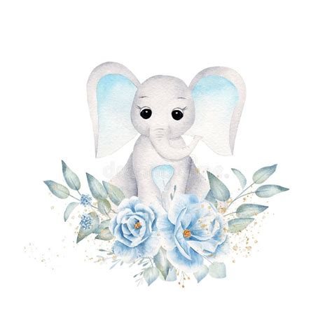 Elefante Bebé Con Flores Azules Y Ilustración Raster Dibujado A Mano