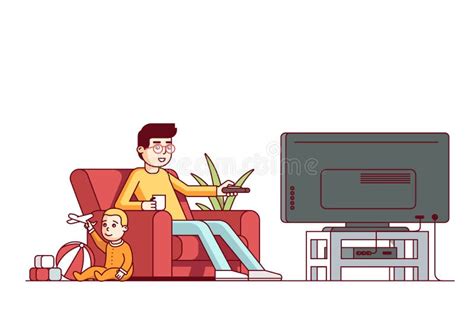 Padre Que Ve La Tv Y Que Se Ocupa Al Hijo Del Bebé Ilustración Del