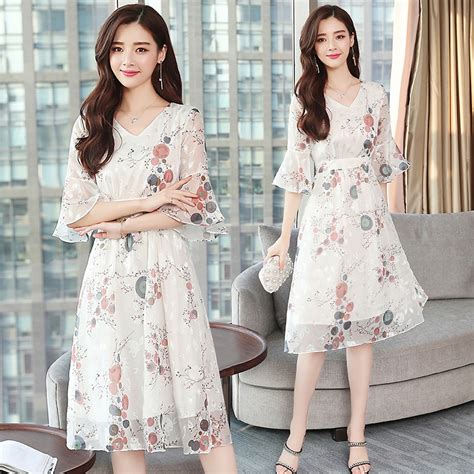Plus Size Summer Floral Chiffon White Boho Dress 2018 Korean Elegant Woman Midi Dresses Party