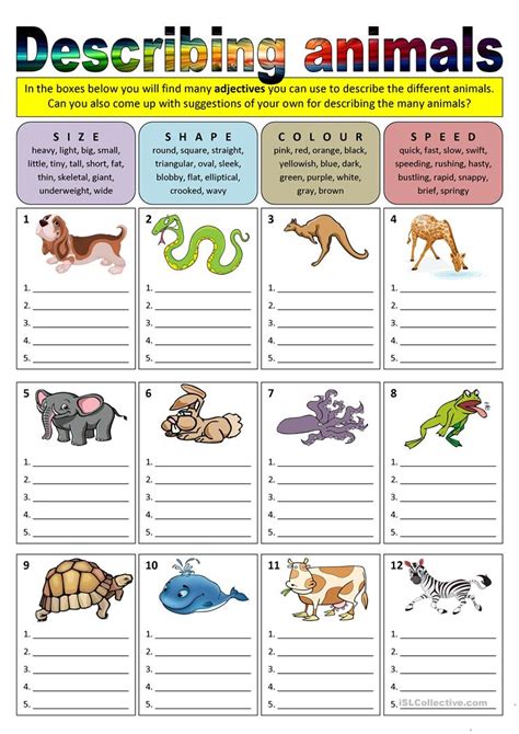 Describing Animals Adjectives English Esl Worksheets English
