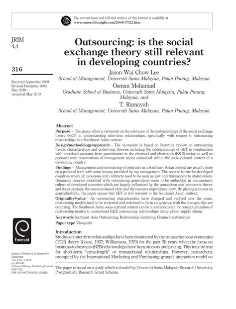 Social exchange claims that society is composed of ever present interactions among individuals who attempt to maximize rewards while minimizing costs. (PDF) Outsourcing: Is the social exchange theory still ...