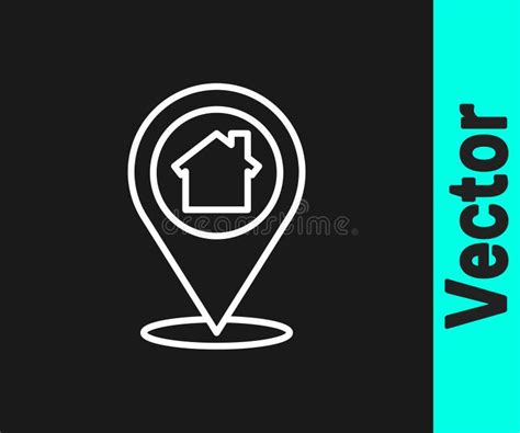White Line Map Pointer With House Icon Isolated On Black Background