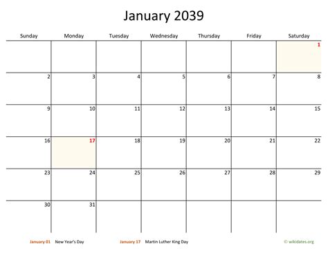 Monthly 2039 Calendar With Bigger Boxes