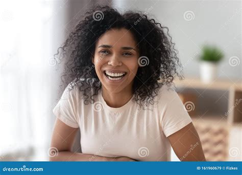 Portrait Of Smiling Black Millennial Girl Posing At Home Stock Image Image Of Blogger Laugh