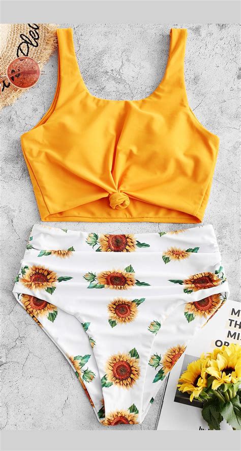 Yellow Knotted Hem Ruched Sunflower Tankini Swimsuit Yellow Swimsuits Cute Swimsuits