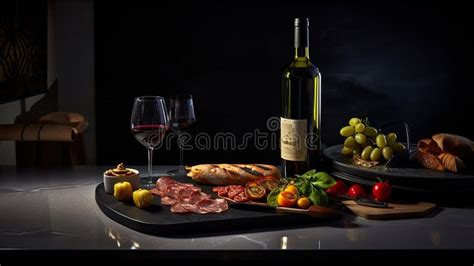 A Table Topped With A Tray Of Food And A Bottle Of Wine Ai Generative