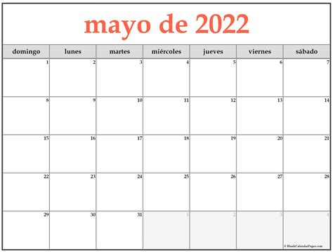 Calendario Mes De Mayo 2022 Para Imprimir