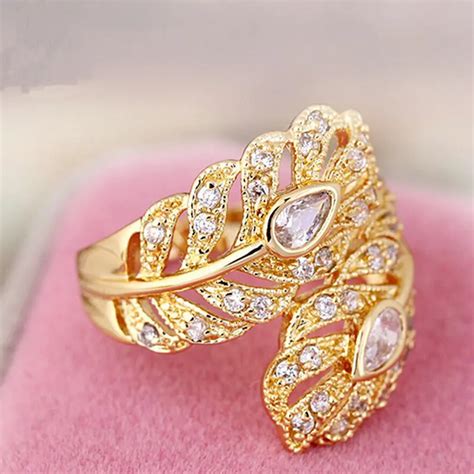 New Design Gold Color Big Wedding Rings Vintage Aaa Zircon Leaf