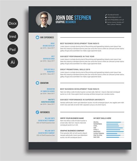 Profile picture and profile description, work experience, education and a list of skills. cv word template gratuit