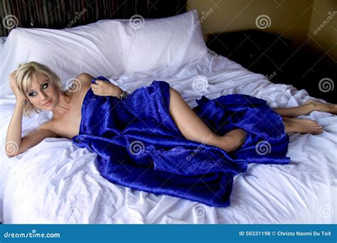 Sensual Woman With Blue Satin Draping Stock Photo Image Of Bare