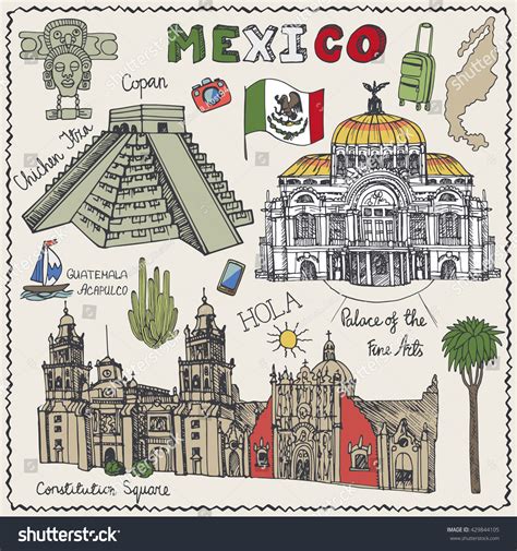 Travel Mexico Famous Landmarksvector Hand Drawn Vector De Stock Libre