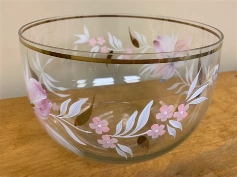 Vintage Bowl Salad Bowl Clear Glass Hand Painted Flowers Gold Etsy