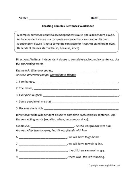 Tests and exams for all levels: Creating Complex Sentences Worksheet | Complex sentences ...