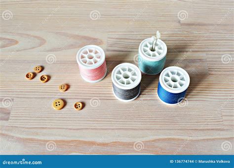 Thread Spools Metal Pins And Wooden Buttons Stock Photo Image Of