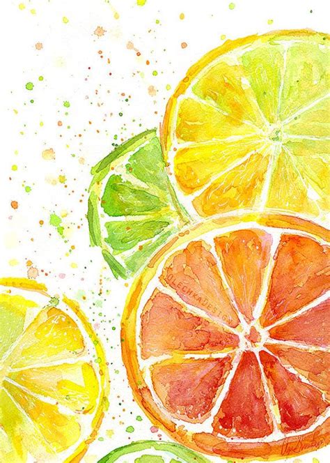 Citrus Fruit Watercolor Art Print Food Painting Lime Oranges