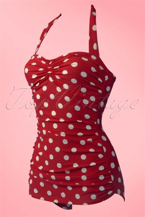 50s Classic Polkadot One Piece Swimsuit In Red And White