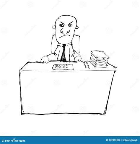 Black Ink Hand Rough Drawing Of Manager Or Boss Sitting Behind Desk In