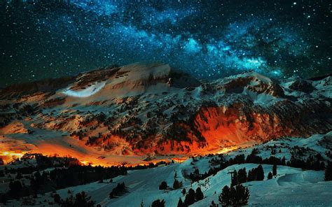 Fiery Lit Mountain Range And Galaxy Sky Damnthatsinteresting