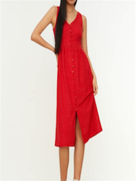 Buy Trendyol Women Red Schiffli Pure Cotton A Line Midi Dress Dresses