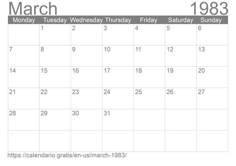 Calendar March 1983 From United States Of America In English ☑️