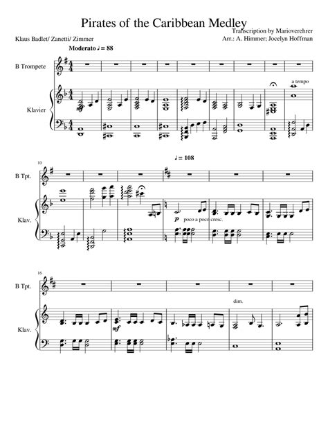 Licensed to virtual sheet music® by hal digital sheet music for piano solo, big note book note: Pirates of the Caribbean Medley sheet music for Piano, Trumpet download free in PDF or MIDI
