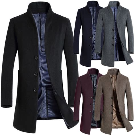 Fashion Solid Color Long Sleeve Stand Collar Mens Woolen Coat