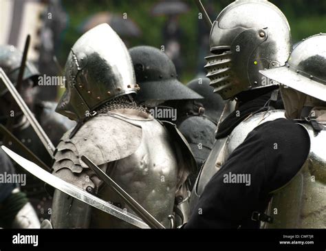 Medieval Re Enactment Knights In Armour Stock Photo Alamy