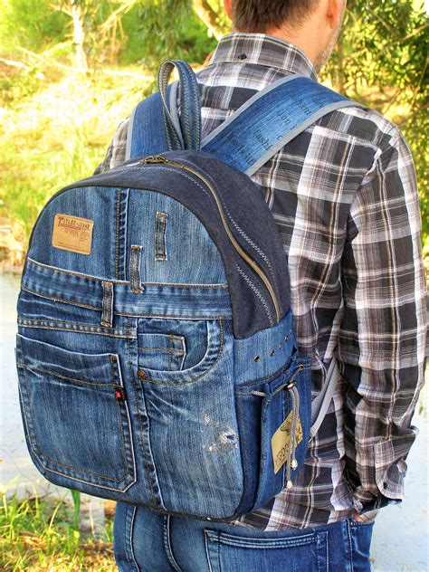 Upcycled Jeans Blue Backpack Big Vintage Denim Hipster Rucksack