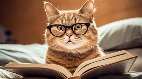 Premium Ai Image A Cat Wearing Glasses Reading A Book With A Book