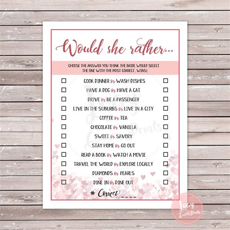 Would She Rather Printable Game Instant Download Bachelorette Party