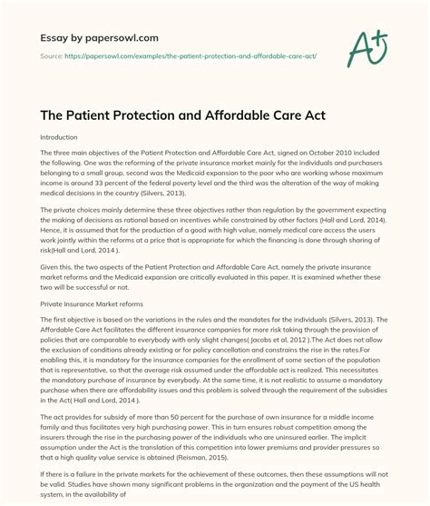The Patient Protection And Affordable Care Act Free Essay Example