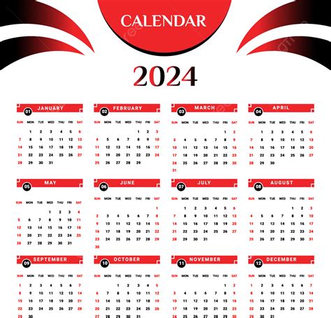 Calendrier 2024 Avec Noir Et Rouge Vecteur Png Calendrier Calendrier