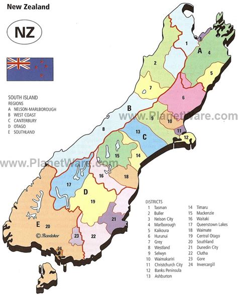 Map Of New Zealand South Island Regions And Districts Planetware