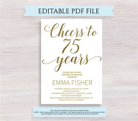 Editable 75th Birthday Party Invitation Template Cheers To 75 Etsy