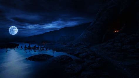 Rocks Mountains Under Moon Black Clouds Blue Sky Reflection On Water