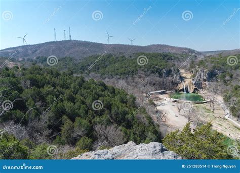 Wide View Of Wind Turbines And Turner Falls On Honey Creek In The