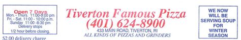 Tiverton Famous Pizza Lucky Menus