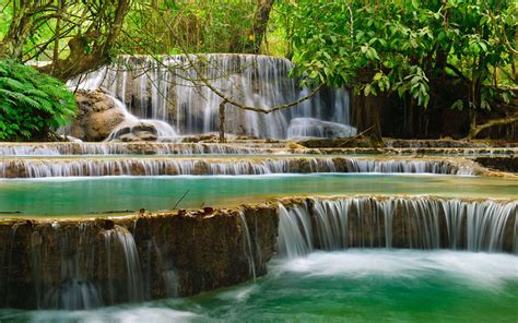 Kuang Si Falls Or Tat Kuang Si Waterfalls With Three Levels Is Located Km South Of Luang