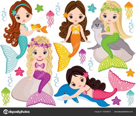 Vector Cute Little Mermaids With Marine Animals Vector Mermaids And