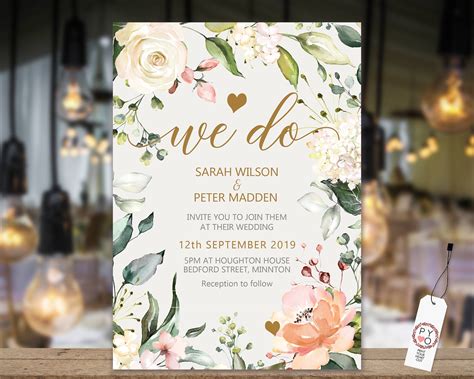 Blush Pink Floral Wedding Invitation Cream Rose Invitation Watercolor