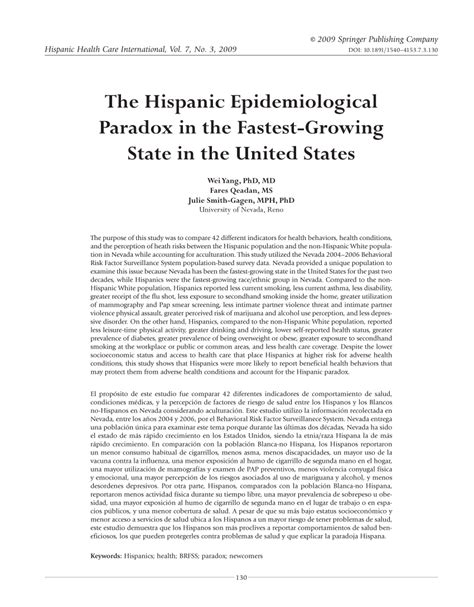 Pdf The Hispanic Epidemiological Paradox In The Fastest Growing State