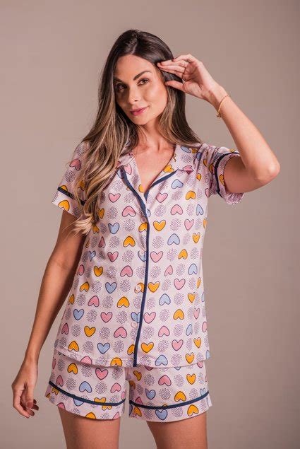 Conjunto Pijama Americano Curto Adulto Feminino Rosa Bb CoraÇÕes Coloridos