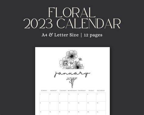 Printable Floral 2023 Calendar Colouring Monthly Planner Year