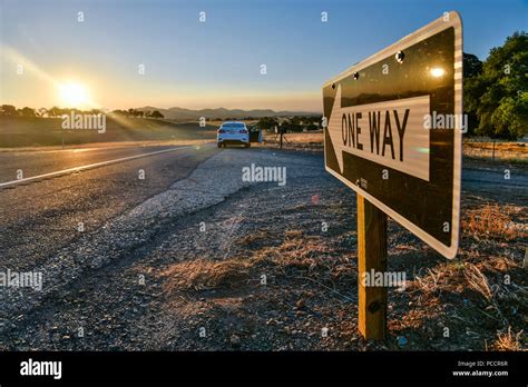 One Way Sign On The Road Through California At Sunrise Stock Photo Alamy